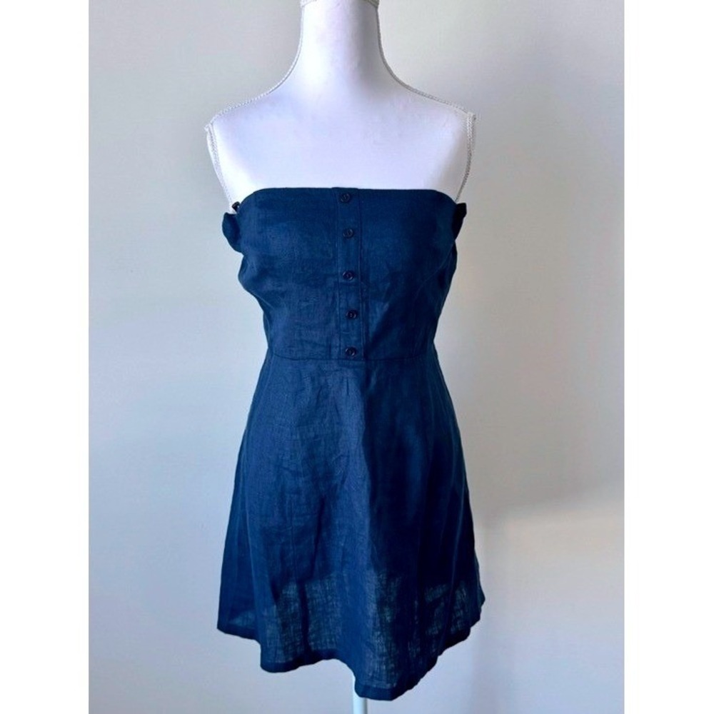 Reformation Mini Dress Womens 2 Navy Blue Linen Button Front Convertible Straps